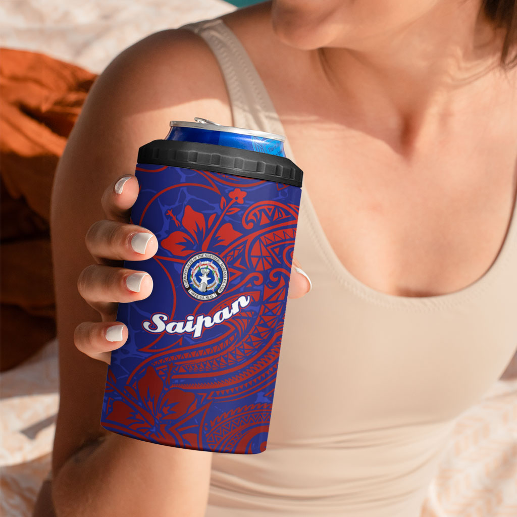 Saipan Northern Mariana Islands 4 in 1 Can Cooler Tumbler Polynesian Tribal Tattoo Art With Hibiscus Flowers And Seal TS04 - Polynesian Pride