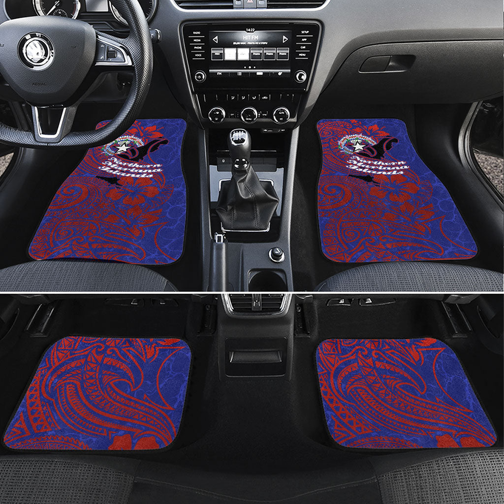 Saipan Northern Mariana Islands Car Mats Polynesian Tribal Tattoo Art With Hibiscus Flowers And Seal TS04 Set 4pcs Blue Red - Polynesian Pride
