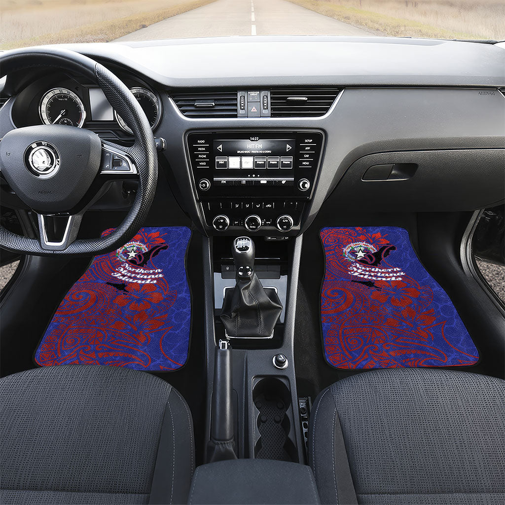 Saipan Northern Mariana Islands Car Mats Polynesian Tribal Tattoo Art With Hibiscus Flowers And Seal TS04 Set 2pcs - Front Blue Red - Polynesian Pride