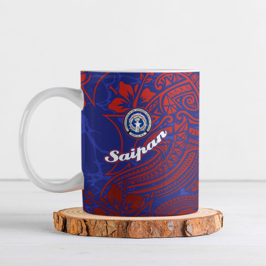 Saipan Northern Mariana Islands Ceramic Mug Polynesian Tribal Tattoo Art With Hibiscus Flowers And Seal