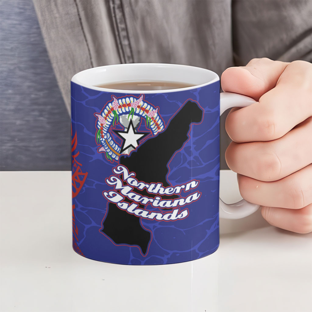 Saipan Northern Mariana Islands Ceramic Mug Polynesian Tribal Tattoo Art With Hibiscus Flowers And Seal