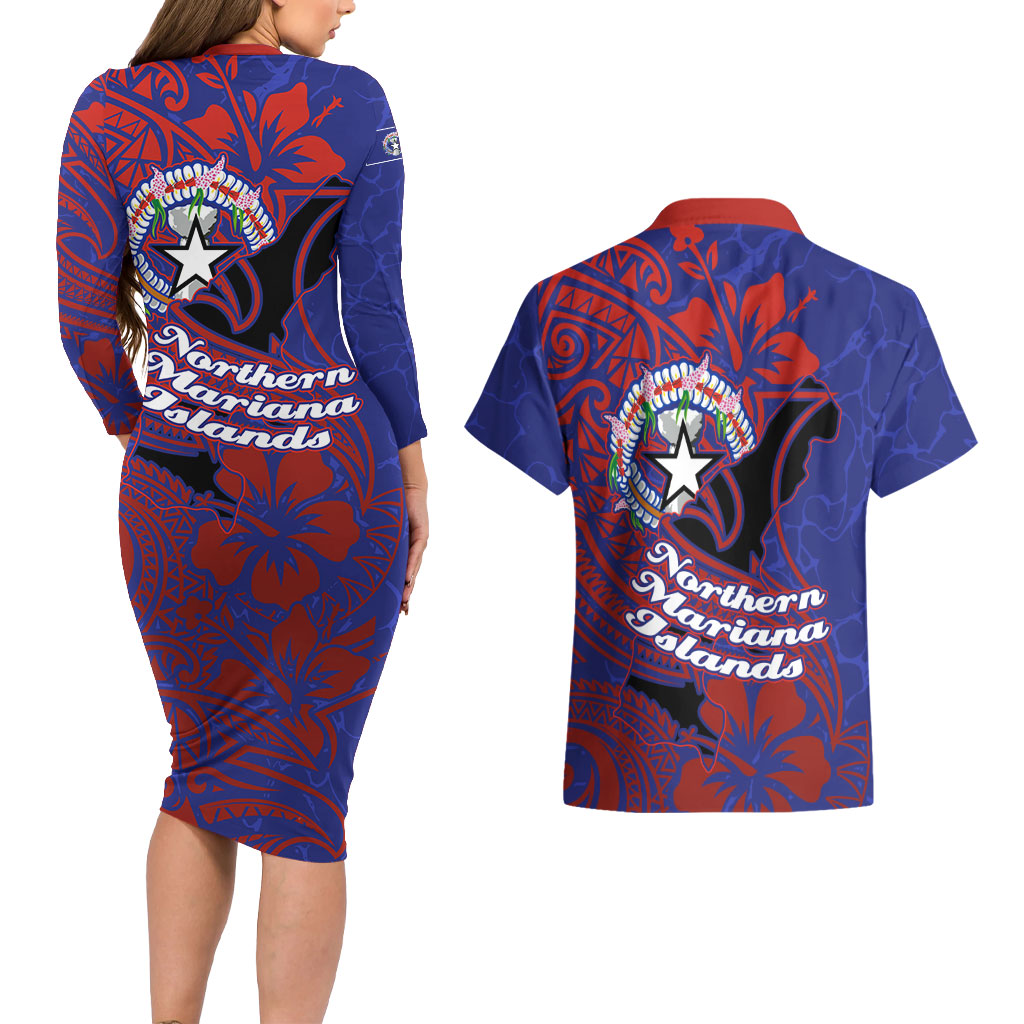 Saipan Northern Mariana Islands Couples Matching Long Sleeve Bodycon Dress and Hawaiian Shirt Polynesian Tribal Tattoo Art With Hibiscus Flowers And Seal TS04 - Polynesian Pride