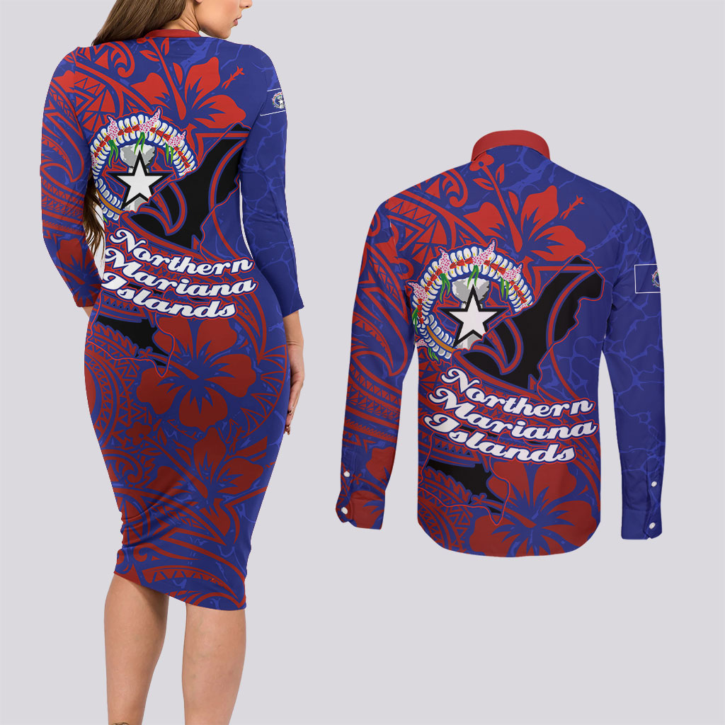 Saipan Northern Mariana Islands Couples Matching Long Sleeve Bodycon Dress and Long Sleeve Button Shirt Polynesian Tribal Tattoo Art With Hibiscus Flowers And Seal TS04 - Polynesian Pride