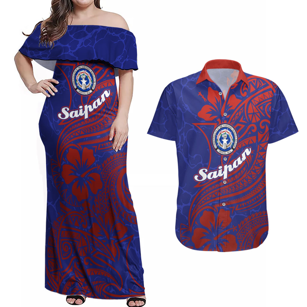 Saipan Northern Mariana Islands Couples Matching Off Shoulder Maxi Dress and Hawaiian Shirt Polynesian Tribal Tattoo Art With Hibiscus Flowers And Seal TS04 Blue Red - Polynesian Pride