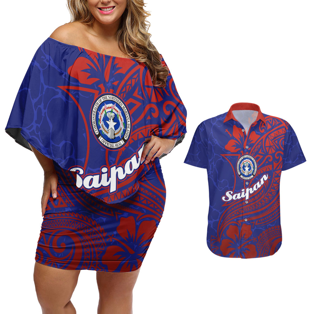 Saipan Northern Mariana Islands Couples Matching Off Shoulder Short Dress and Hawaiian Shirt Polynesian Tribal Tattoo Art With Hibiscus Flowers And Seal TS04 Blue Red - Polynesian Pride