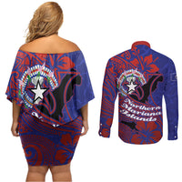 Saipan Northern Mariana Islands Couples Matching Off Shoulder Short Dress and Long Sleeve Button Shirt Polynesian Tribal Tattoo Art With Hibiscus Flowers And Seal TS04 - Polynesian Pride