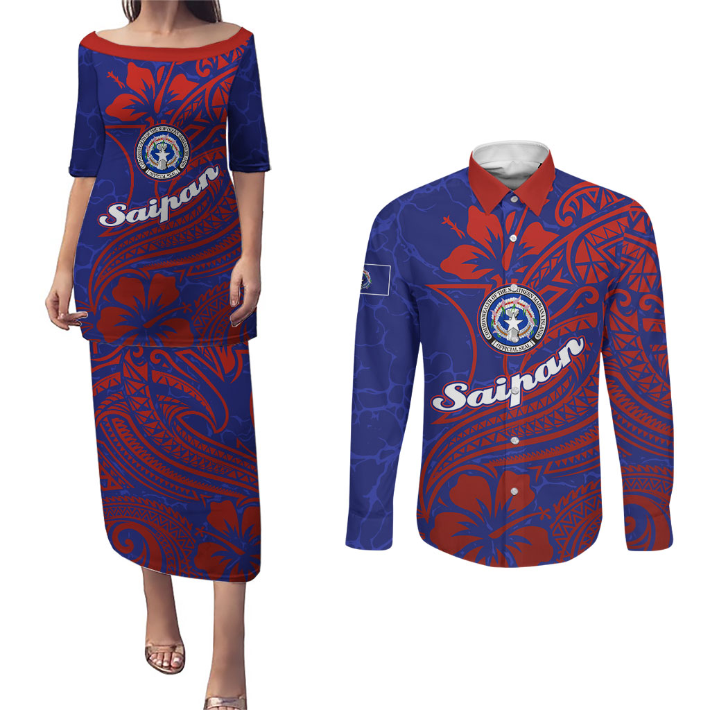 Saipan Northern Mariana Islands Couples Matching Puletasi and Long Sleeve Button Shirt Polynesian Tribal Tattoo Art With Hibiscus Flowers And Seal TS04 Blue Red - Polynesian Pride