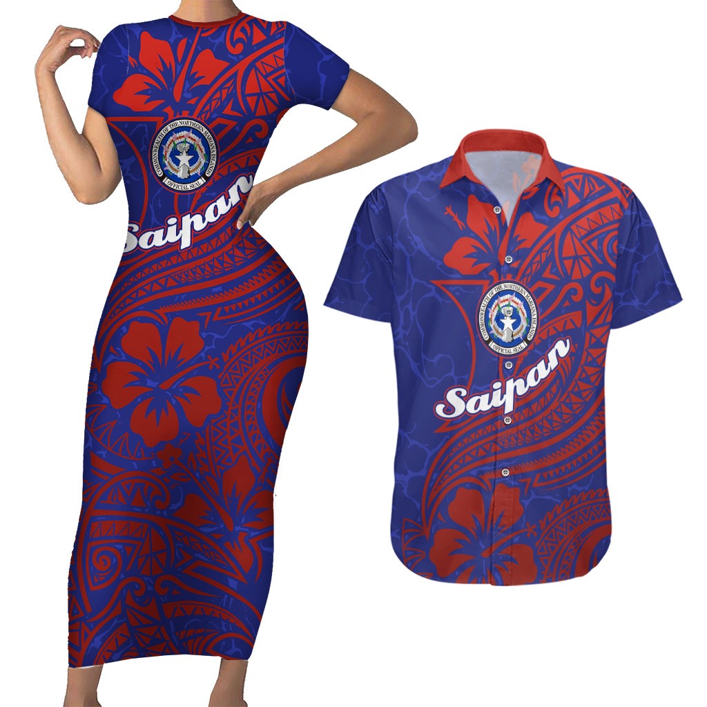 Saipan Northern Mariana Islands Couples Matching Short Sleeve Bodycon Dress and Hawaiian Shirt Polynesian Tribal Tattoo Art With Hibiscus Flowers And Seal TS04 Blue Red - Polynesian Pride