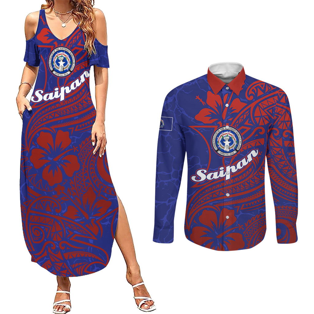 Saipan Northern Mariana Islands Couples Matching Summer Maxi Dress and Long Sleeve Button Shirt Polynesian Tribal Tattoo Art With Hibiscus Flowers And Seal TS04 Blue Red - Polynesian Pride