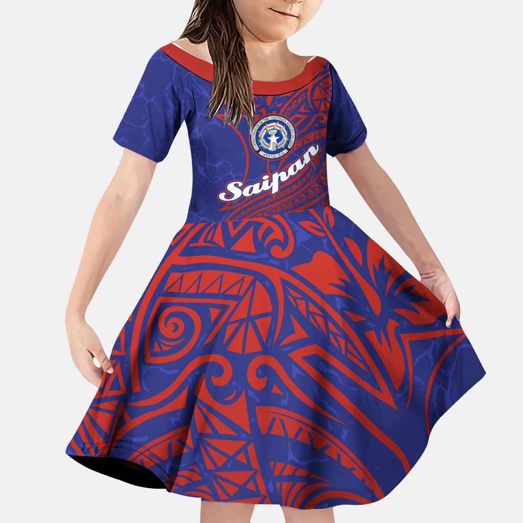 Saipan Northern Mariana Islands Family Matching Mermaid Dress and Hawaiian Shirt Polynesian Tribal Tattoo Art With Hibiscus Flowers And Seal TS04 Daughter's Dress Blue Red - Polynesian Pride