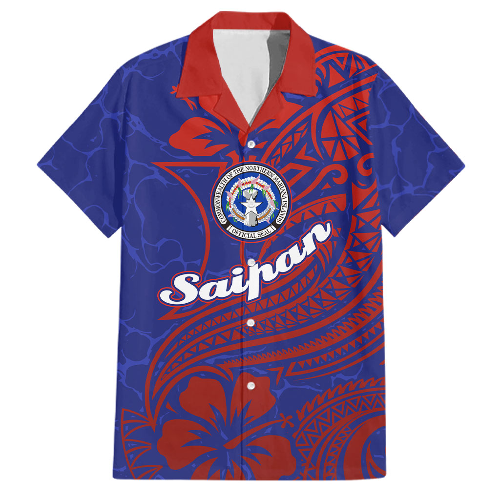 Saipan Northern Mariana Islands Family Matching Mermaid Dress and Hawaiian Shirt Polynesian Tribal Tattoo Art With Hibiscus Flowers And Seal TS04 Dad's Shirt - Short Sleeve Blue Red - Polynesian Pride