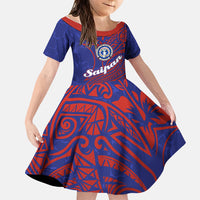 Saipan Northern Mariana Islands Family Matching Puletasi and Hawaiian Shirt Polynesian Tribal Tattoo Art With Hibiscus Flowers And Seal TS04 Daughter's Dress Blue Red - Polynesian Pride