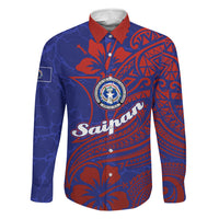 Saipan Northern Mariana Islands Family Matching Short Sleeve Bodycon Dress and Hawaiian Shirt Polynesian Tribal Tattoo Art With Hibiscus Flowers And Seal TS04 Dad's Shirt - Long Sleeve Blue Red - Polynesian Pride