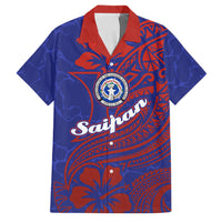 Saipan Northern Mariana Islands Family Matching Summer Maxi Dress and Hawaiian Shirt Polynesian Tribal Tattoo Art With Hibiscus Flowers And Seal TS04 Dad's Shirt - Short Sleeve Blue Red - Polynesian Pride
