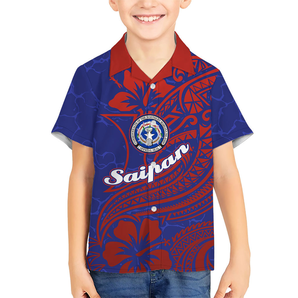 Saipan Northern Mariana Islands Family Matching Summer Maxi Dress and Hawaiian Shirt Polynesian Tribal Tattoo Art With Hibiscus Flowers And Seal TS04 Son's Shirt Blue Red - Polynesian Pride