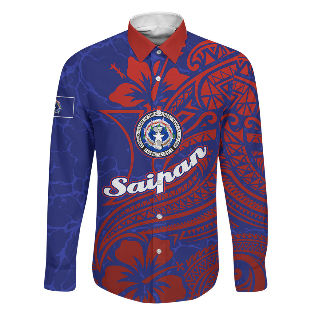 Saipan Northern Mariana Islands Family Matching Tank Maxi Dress and Hawaiian Shirt Polynesian Tribal Tattoo Art With Hibiscus Flowers And Seal TS04 Dad's Shirt - Long Sleeve Blue Red - Polynesian Pride