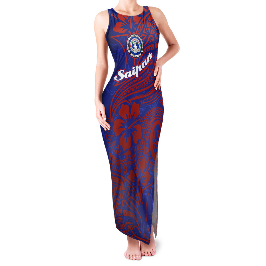 Saipan Northern Mariana Islands Family Matching Tank Maxi Dress and Hawaiian Shirt Polynesian Tribal Tattoo Art With Hibiscus Flowers And Seal TS04 Mom's Dress Blue Red - Polynesian Pride