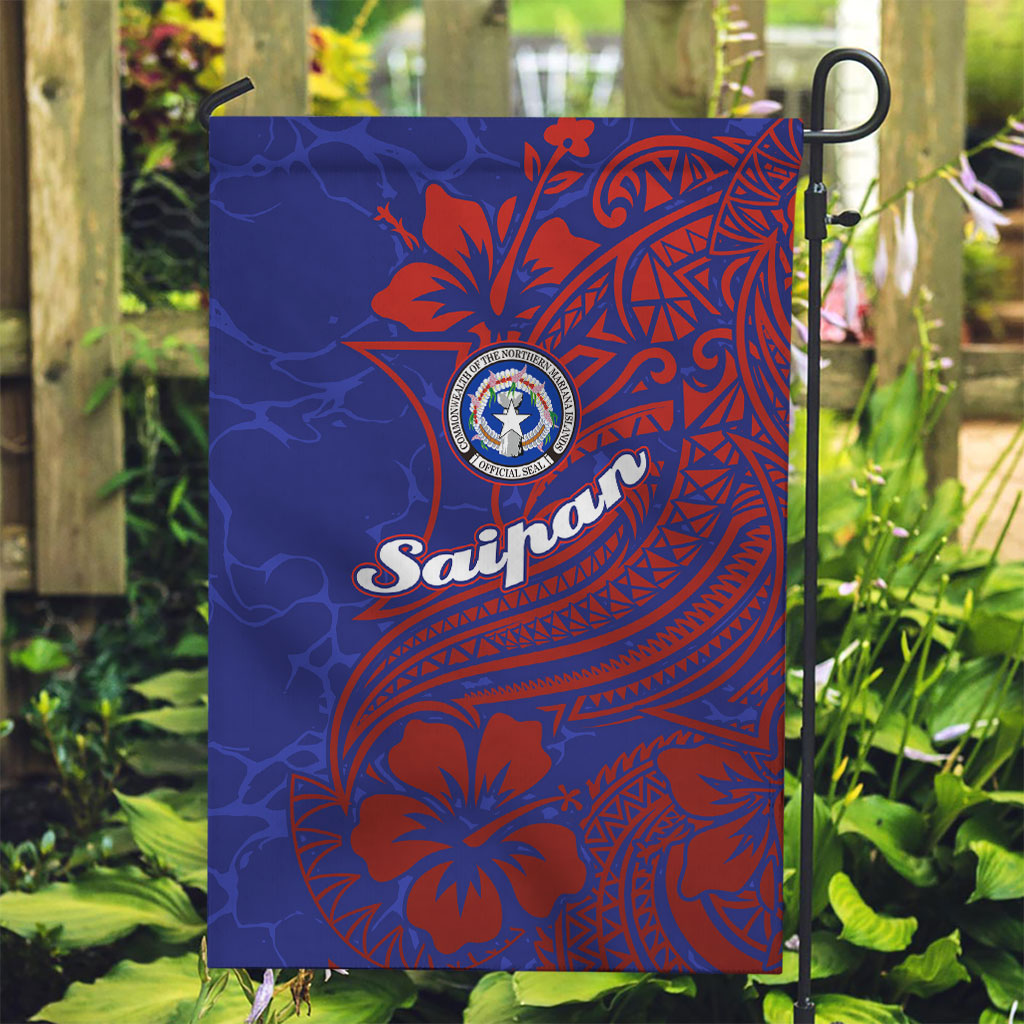 Saipan Northern Mariana Islands Garden Flag Polynesian Tribal Tattoo Art With Hibiscus Flowers And Seal TS04 Garden Flag Blue Red - Polynesian Pride