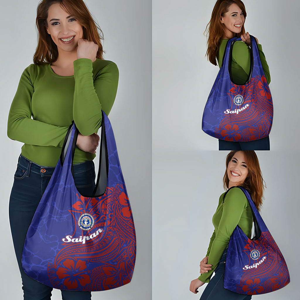 Saipan Northern Mariana Islands Grocery Bag Polynesian Tribal Tattoo Art With Hibiscus Flowers And Seal TS04 - Polynesian Pride
