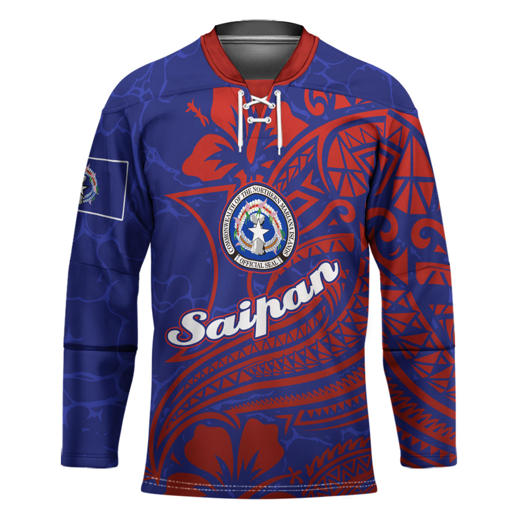 Saipan Northern Mariana Islands Hockey Jersey Polynesian Tribal Tattoo Art With Hibiscus Flowers And Seal TS04 Unisex Blue Red - Polynesian Pride
