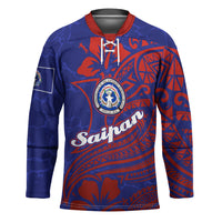 Saipan Northern Mariana Islands Hockey Jersey Polynesian Tribal Tattoo Art With Hibiscus Flowers And Seal TS04 Unisex Blue Red - Polynesian Pride