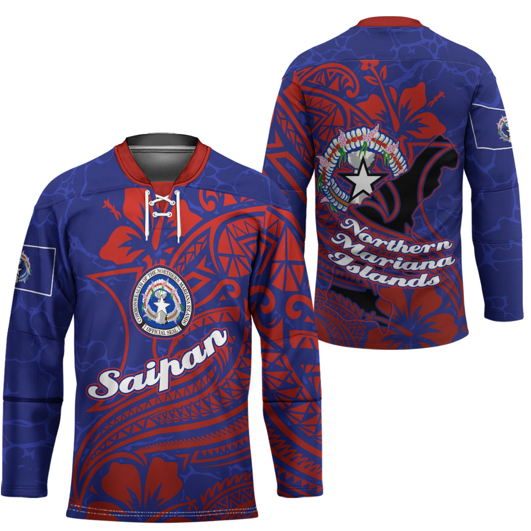 Saipan Northern Mariana Islands Hockey Jersey Polynesian Tribal Tattoo Art With Hibiscus Flowers And Seal TS04 - Polynesian Pride