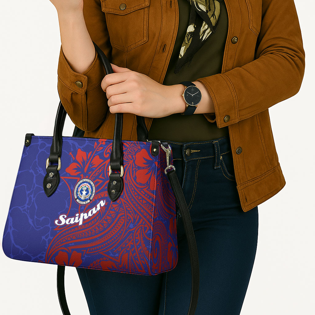 Saipan Northern Mariana Islands Leather Bag Polynesian Tribal Tattoo Art With Hibiscus Flowers And Seal