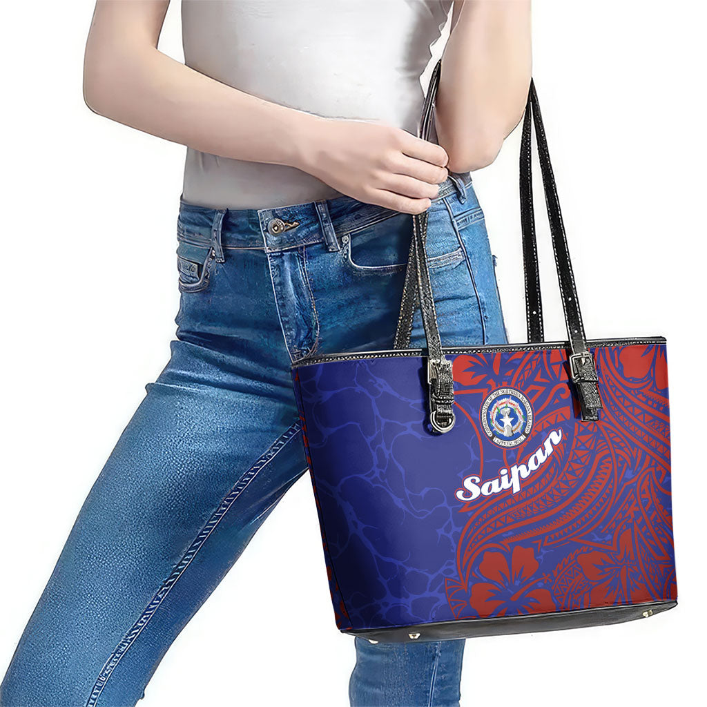 Saipan Northern Mariana Islands Leather Tote Bag Polynesian Tribal Tattoo Art With Hibiscus Flowers And Seal TS04 - Polynesian Pride