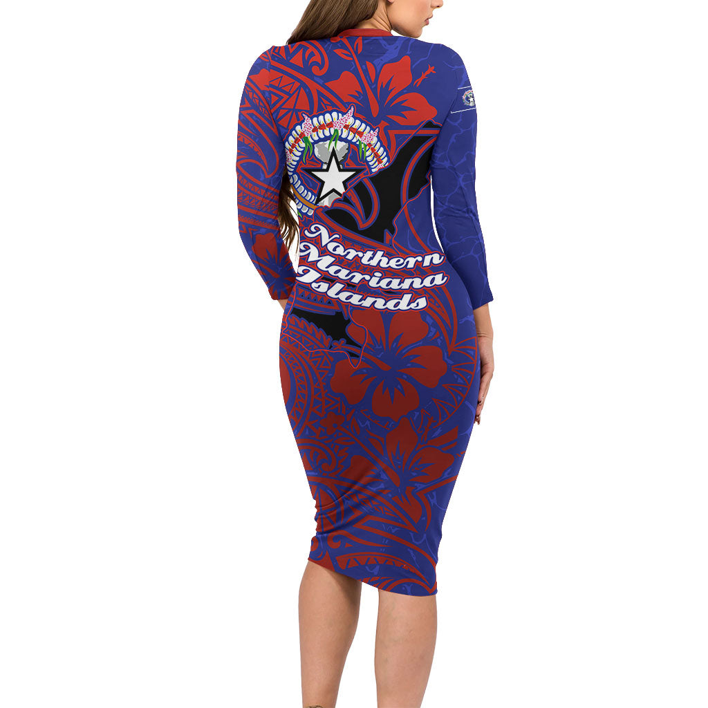 Saipan Northern Mariana Islands Long Sleeve Bodycon Dress Polynesian Tribal Tattoo Art With Hibiscus Flowers And Seal TS04 - Polynesian Pride