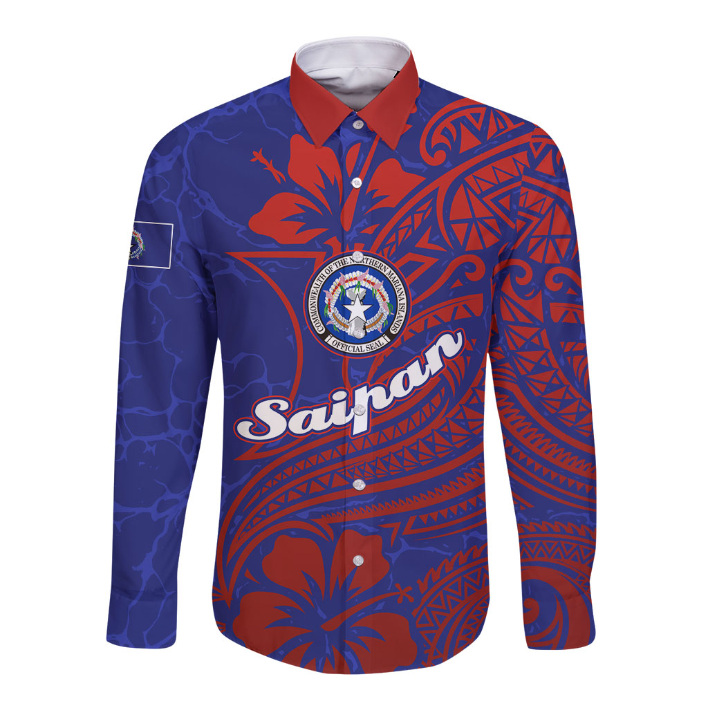 Saipan Northern Mariana Islands Long Sleeve Button Shirt Polynesian Tribal Tattoo Art With Hibiscus Flowers And Seal TS04 Unisex Blue Red - Polynesian Pride