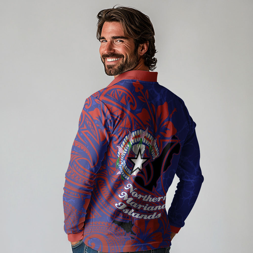 Saipan Northern Mariana Islands Long Sleeve Polo Shirt Polynesian Tribal Tattoo Art With Hibiscus Flowers And Seal TS04 - Polynesian Pride
