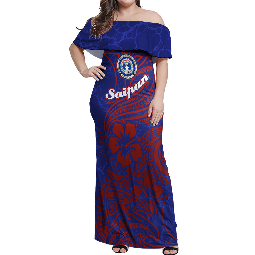 Saipan Northern Mariana Islands Off Shoulder Maxi Dress Polynesian Tribal Tattoo Art With Hibiscus Flowers And Seal