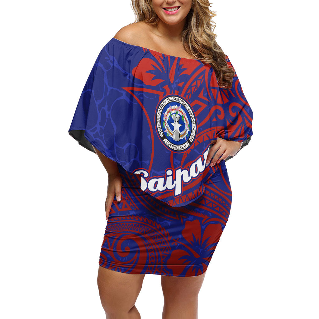 Saipan Northern Mariana Islands Off Shoulder Short Dress Polynesian Tribal Tattoo Art With Hibiscus Flowers And Seal TS04 Women Blue Red - Polynesian Pride