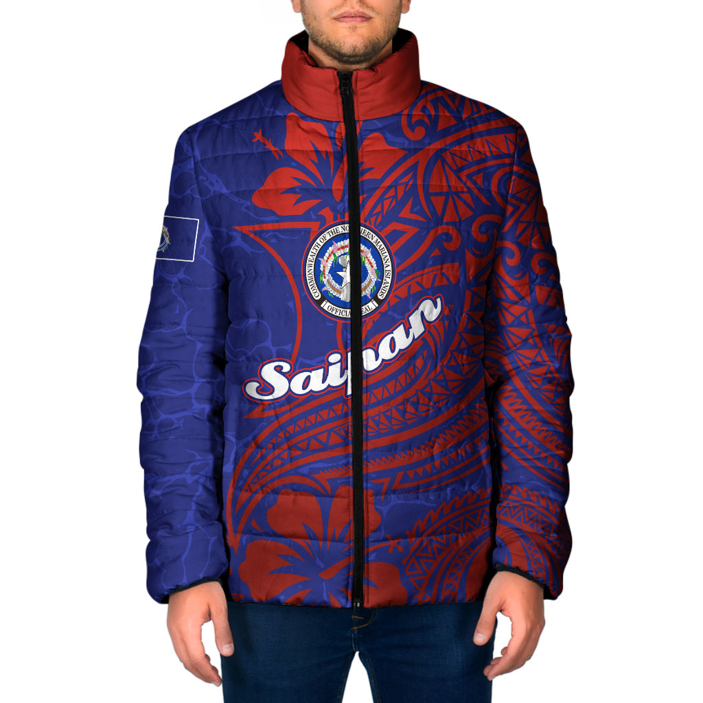 Saipan Northern Mariana Islands Padded Jacket Polynesian Tribal Tattoo Art With Hibiscus Flowers And Seal