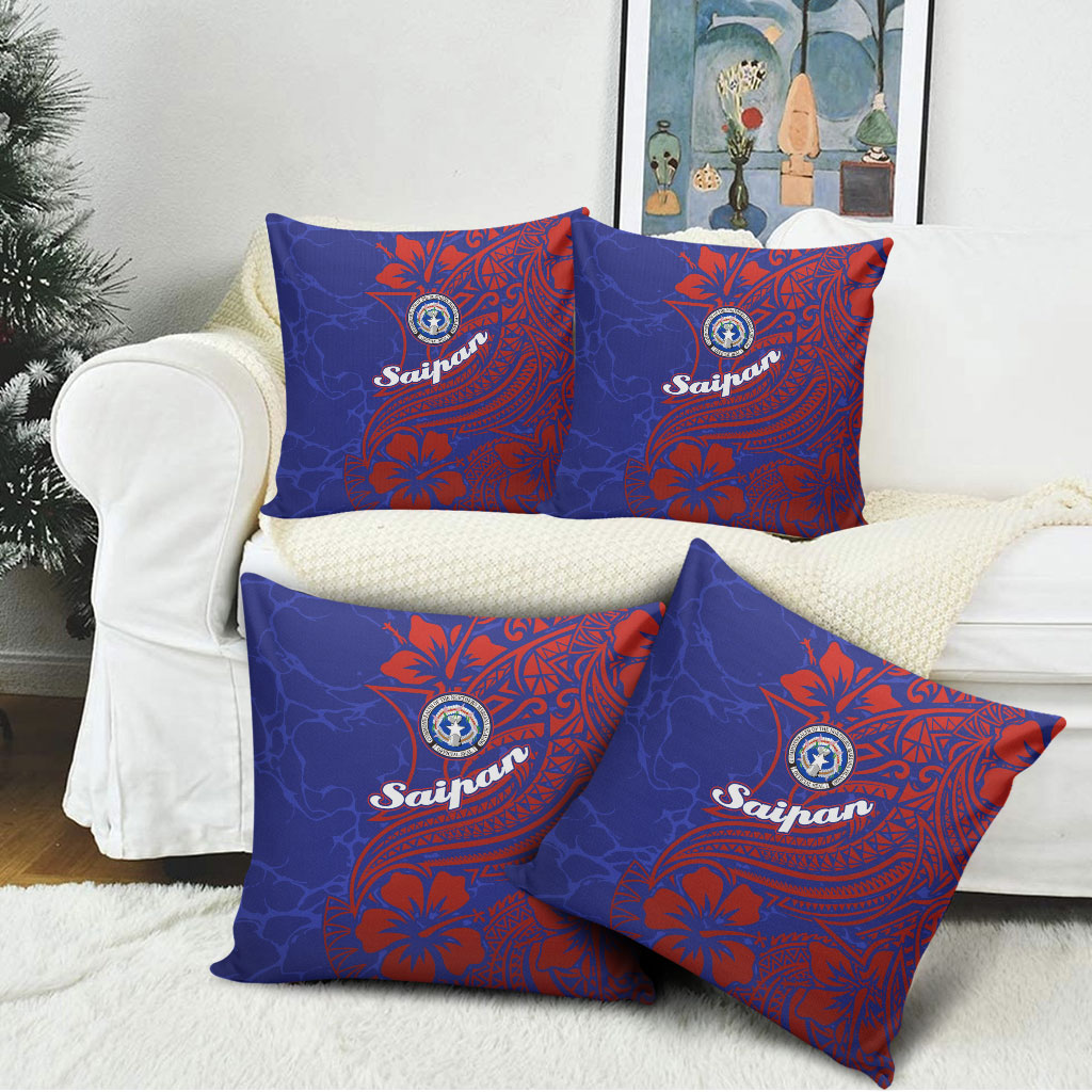 Saipan Northern Mariana Islands Pillow Cover Polynesian Tribal Tattoo Art With Hibiscus Flowers And Seal TS04 - Polynesian Pride