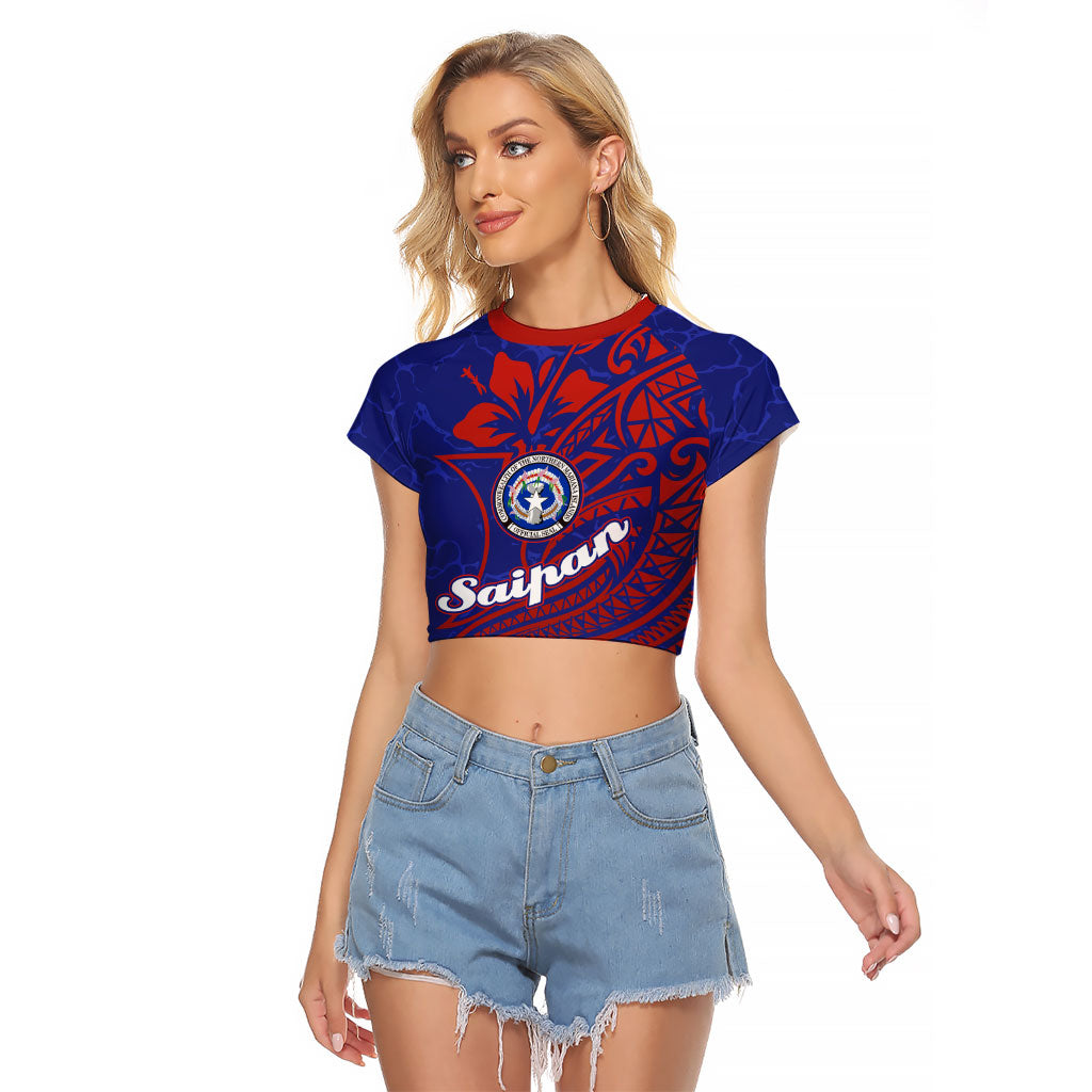 Saipan Northern Mariana Islands Raglan Cropped T Shirt Polynesian Tribal Tattoo Art With Hibiscus Flowers And Seal