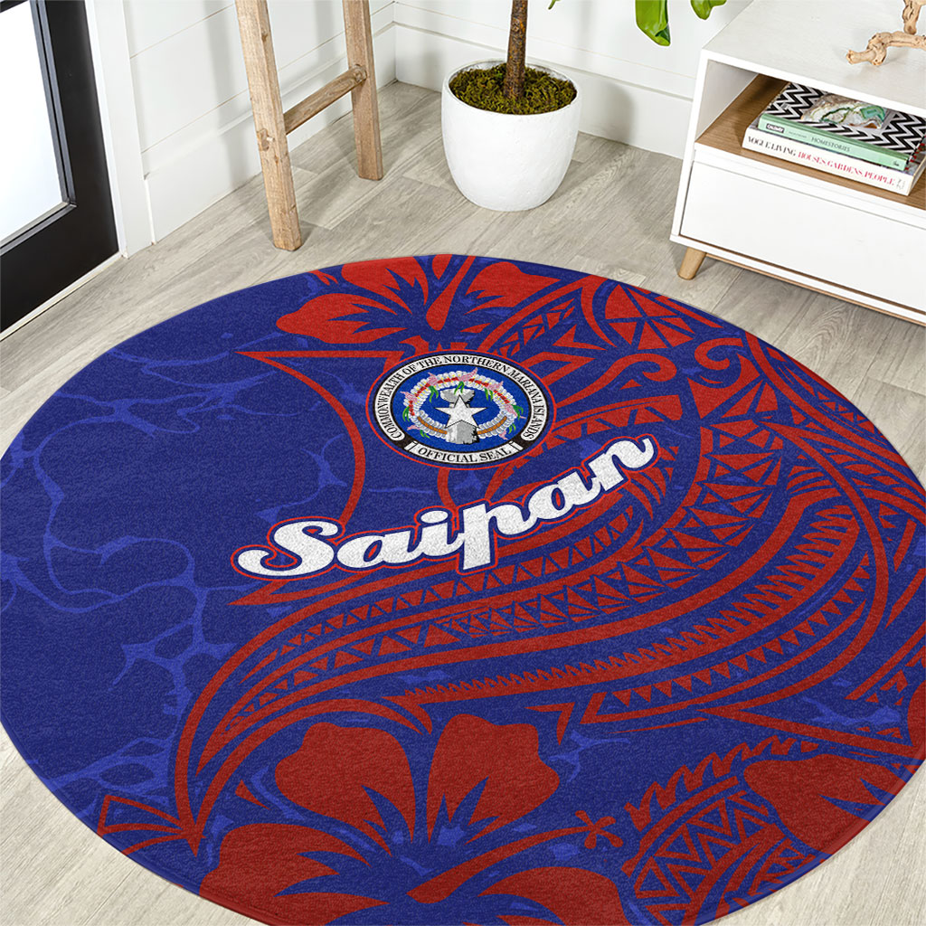Saipan Northern Mariana Islands Round Carpet Polynesian Tribal Tattoo Art With Hibiscus Flowers And Seal