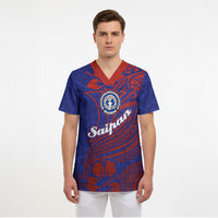 Saipan Northern Mariana Islands Scrub Top Polynesian Tribal Tattoo Art With Hibiscus Flowers And Seal