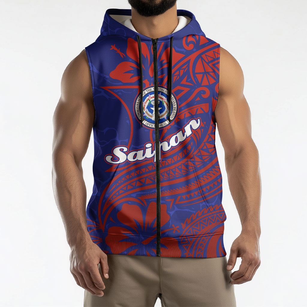 Saipan Northern Mariana Islands Sleeveless Zip Hoodie Polynesian Tribal Tattoo Art With Hibiscus Flowers And Seal TS04 - Polynesian Pride