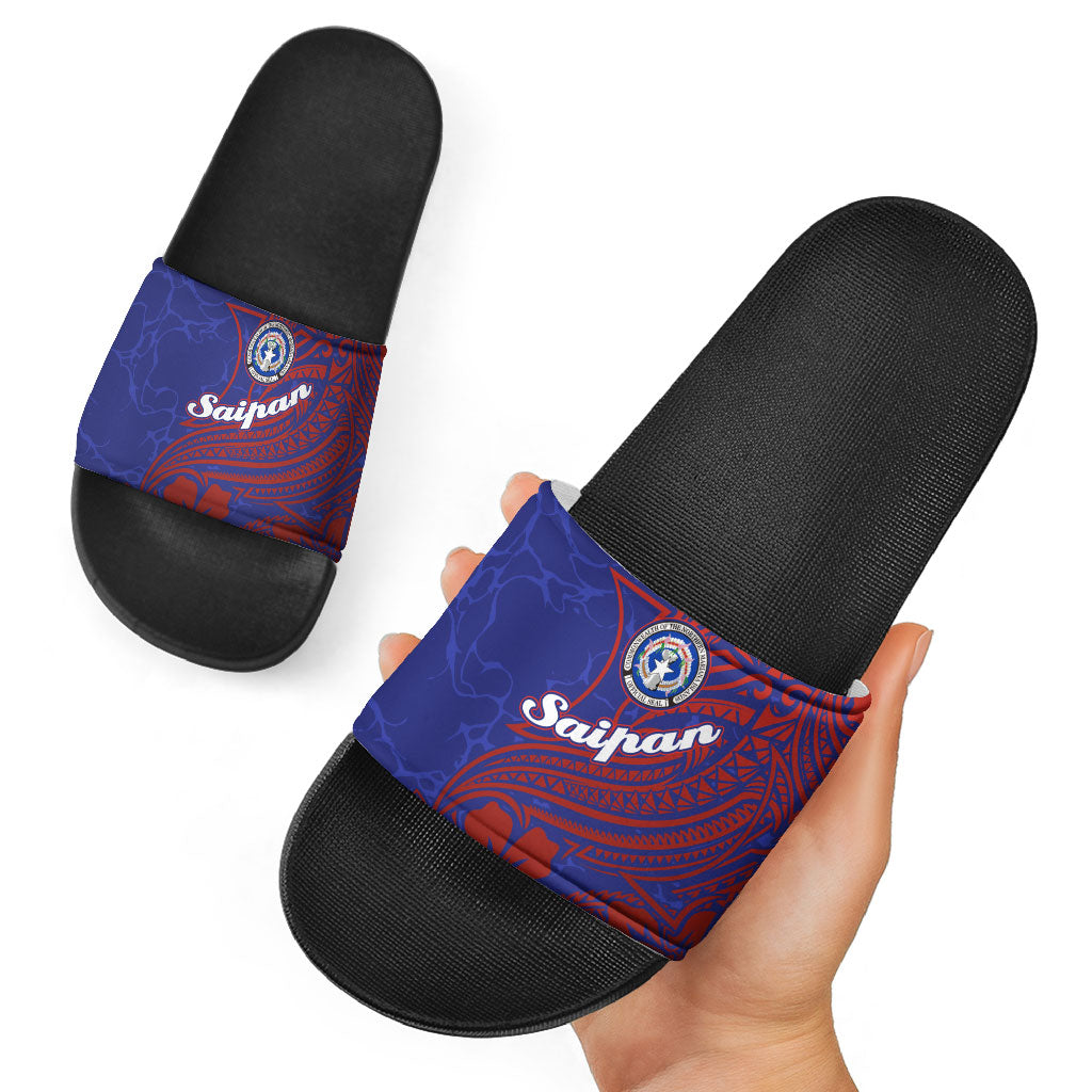 Saipan Northern Mariana Islands Slide Sandals Polynesian Tribal Tattoo Art With Hibiscus Flowers And Seal TS04 - Polynesian Pride