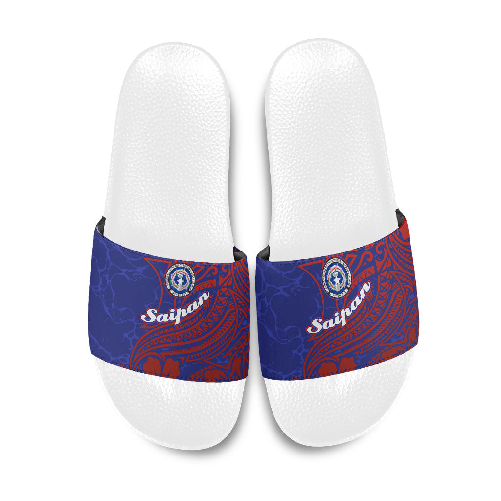 Saipan Northern Mariana Islands Slide Sandals Polynesian Tribal Tattoo Art With Hibiscus Flowers And Seal TS04 Blue Red - Polynesian Pride