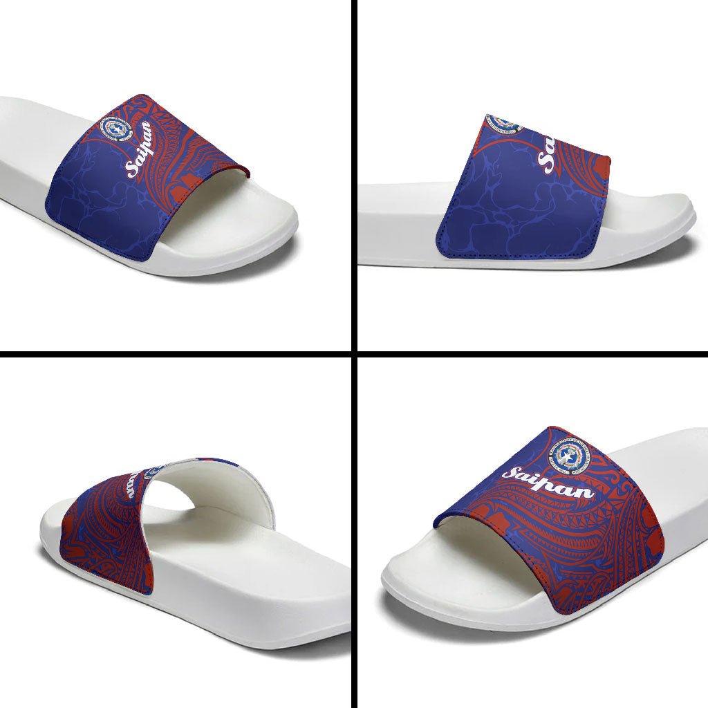 Saipan Northern Mariana Islands Slide Sandals Polynesian Tribal Tattoo Art With Hibiscus Flowers And Seal TS04 - Polynesian Pride