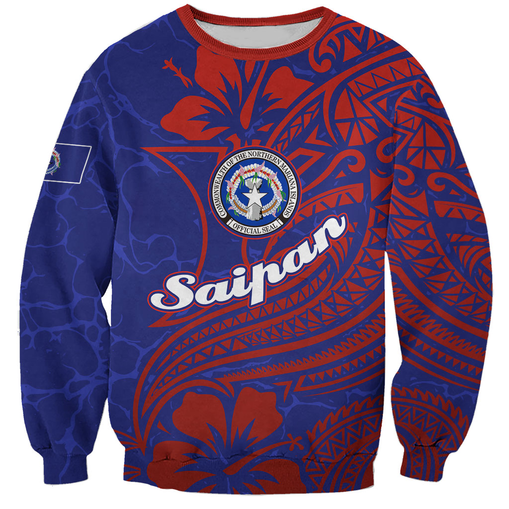 Saipan Northern Mariana Islands Sweatshirt Polynesian Tribal Tattoo Art With Hibiscus Flowers And Seal