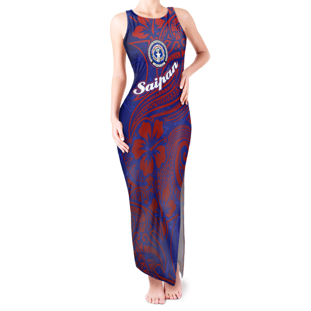Saipan Northern Mariana Islands Tank Maxi Dress Polynesian Tribal Tattoo Art With Hibiscus Flowers And Seal TS04 Women Blue Red - Polynesian Pride
