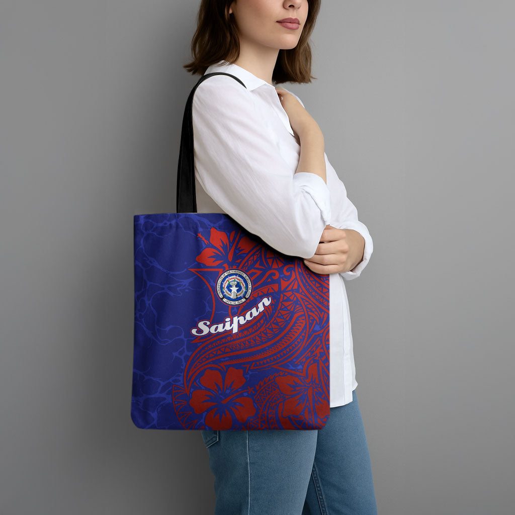 Saipan Northern Mariana Islands Tote Bag Polynesian Tribal Tattoo Art With Hibiscus Flowers And Seal TS04 - Polynesian Pride