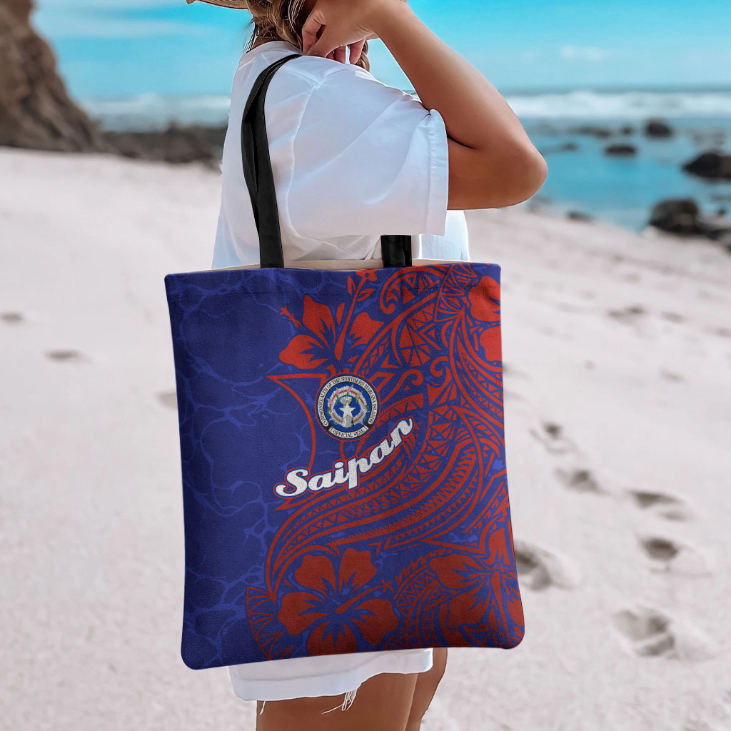 Saipan Northern Mariana Islands Tote Bag Polynesian Tribal Tattoo Art With Hibiscus Flowers And Seal TS04 - Polynesian Pride