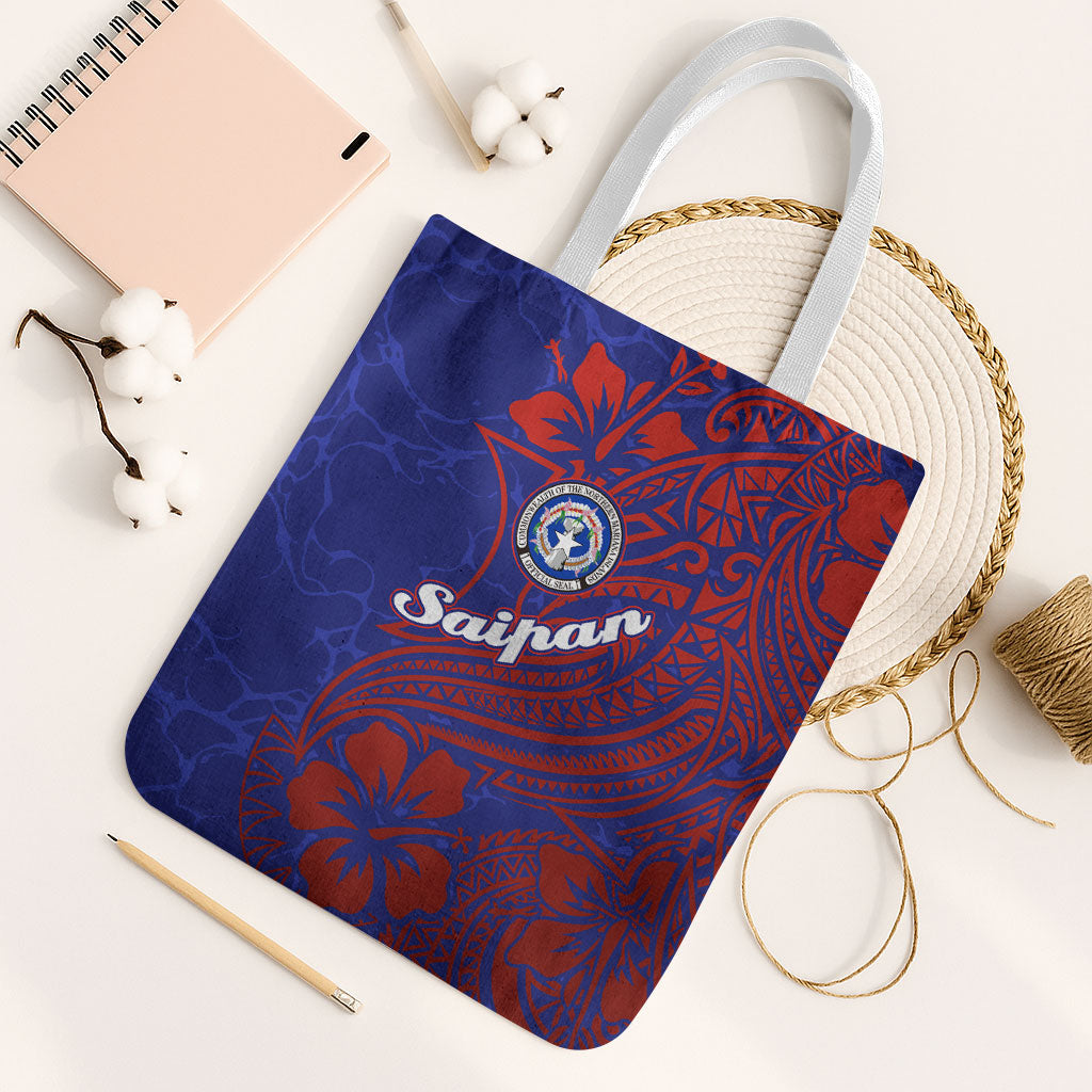 Saipan Northern Mariana Islands Tote Bag Polynesian Tribal Tattoo Art With Hibiscus Flowers And Seal TS04 White Strap One Size Blue Red - Polynesian Pride