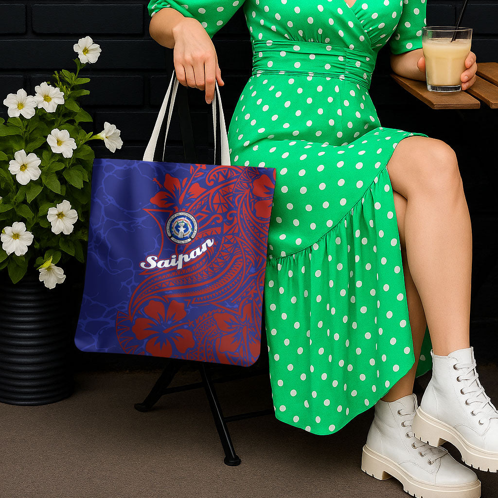 Saipan Northern Mariana Islands Tote Bag Polynesian Tribal Tattoo Art With Hibiscus Flowers And Seal TS04 - Polynesian Pride