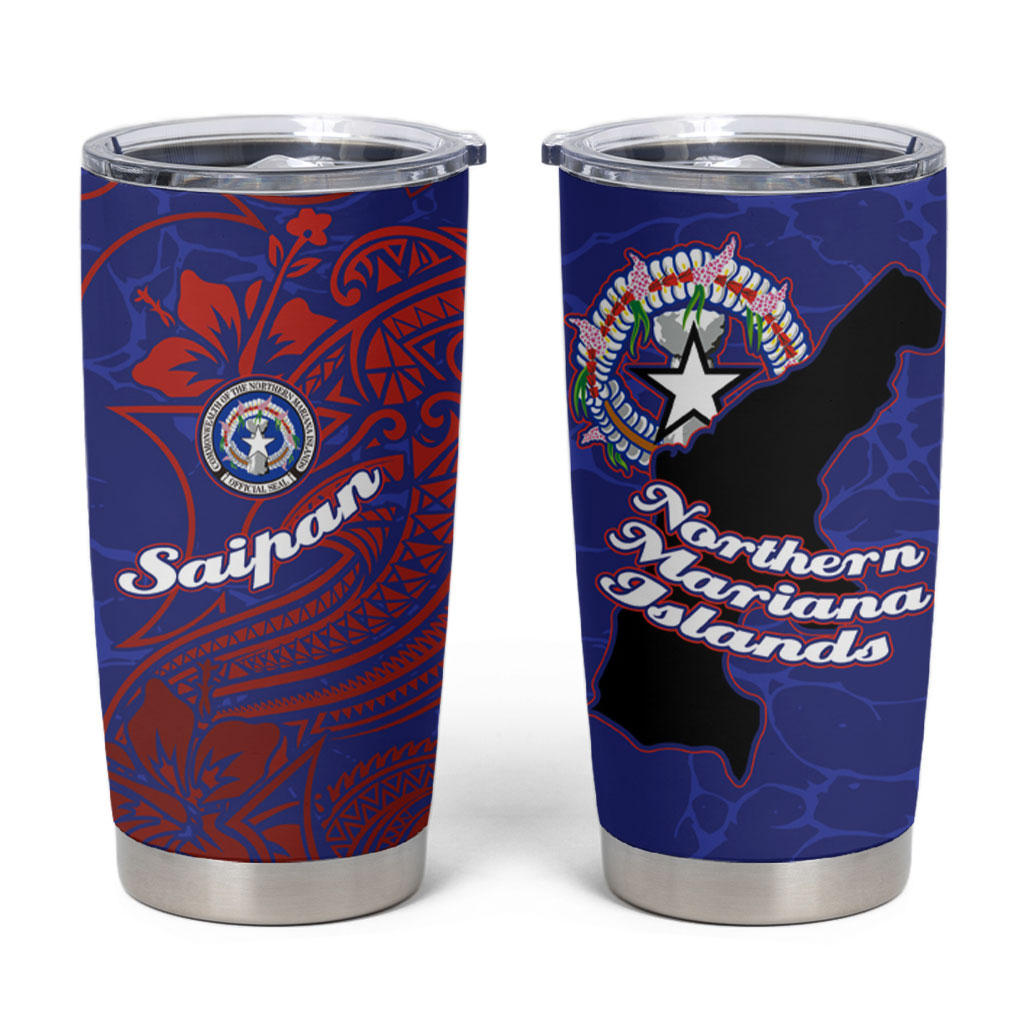 Saipan Northern Mariana Islands Tumbler Cup Polynesian Tribal Tattoo Art With Hibiscus Flowers And Seal TS04 Blue Red - Polynesian Pride