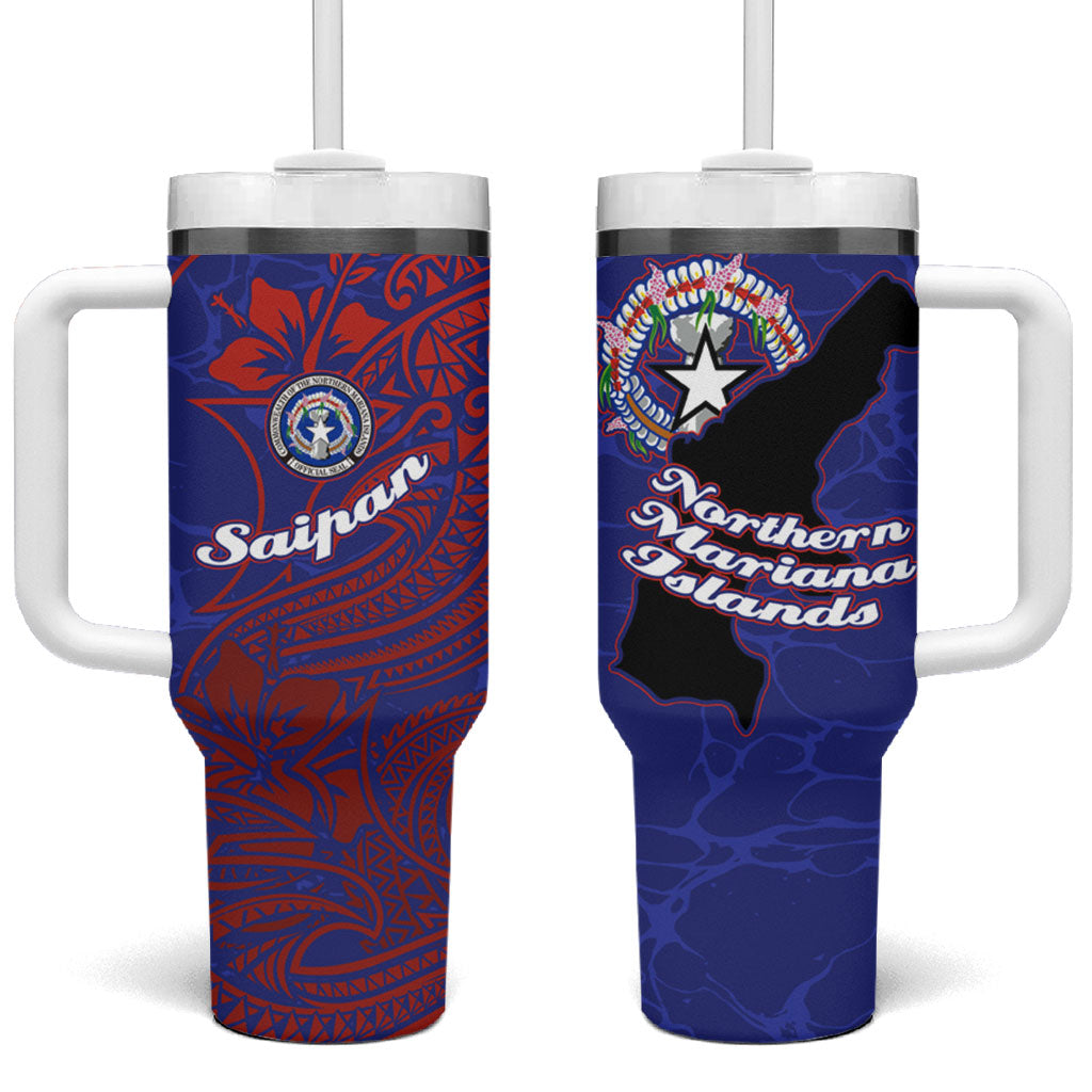 Saipan Northern Mariana Islands Tumbler With Handle Polynesian Tribal Tattoo Art With Hibiscus Flowers And Seal